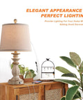 Farmhouse Style Table Lamps Set Of 2 With USB Charging Port White Washed Rustic 22 Inch Bedside Lamps Tapered Drum Shade