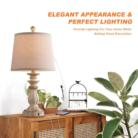 Farmhouse Style Table Lamps Set Of 2 With USB Charging Port White Washed Rustic 22 Inch Bedside Lamps Tapered Drum Shade