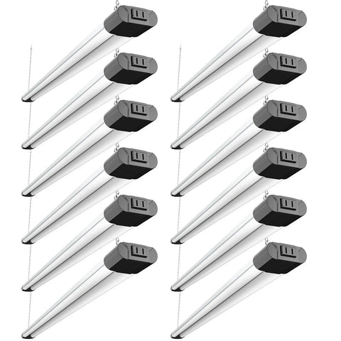 12 Pack Linkable LED Shop Lights With Reflectors, 4 Ft, 4400 Lumens, 6500K Cool Daylight, Surface Or Suspension Mount, Black Finish