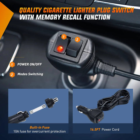 Quality cigarette lighter plug switch with memory recall function, power on/off and mode switch, built-in fuse, 16.5ft cord