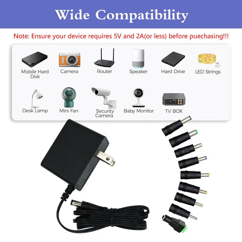 Image of 5V 2A DC Power Adapter with 9 interchangeable jacks, 5.5x2.1mm, 100-240V AC to 5V DC, for USB hub, TV box, router, camera.
