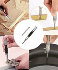 Heavy Duty Badass Automatic Center Punch Tool marking wood and metal, showing precise drill points for flawless holes.