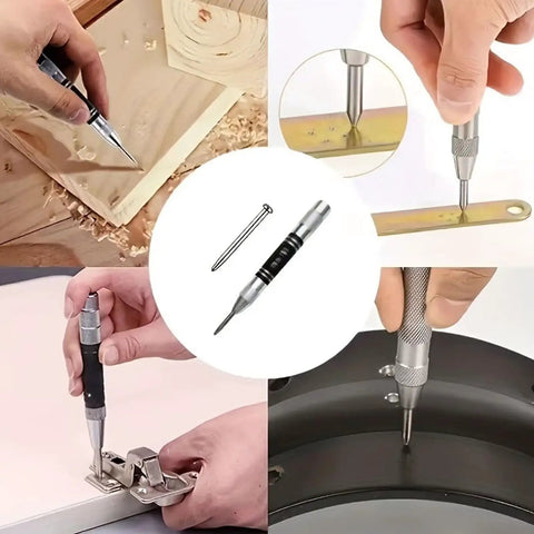 Heavy Duty Badass Automatic Center Punch Tool marking wood and metal, showing precise drill points for flawless holes.