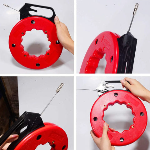 Wxtools 100 Ft Fish Tape For Electric Wire Pulling Reel showing durable red plastic reel with handle and wire.