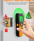 Five In One Stud Finder Wall Scanner With LCD Display And Audio Alarm detects live wire behind drywall with warning icons on screen.