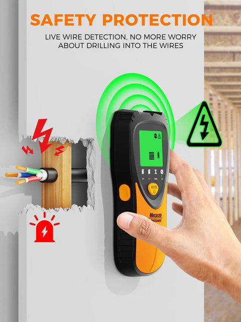 Five In One Stud Finder Wall Scanner With LCD Display And Audio Alarm detects live wire behind drywall with warning icons on screen.