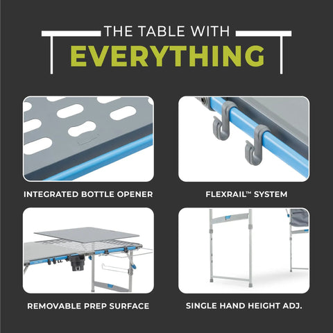 Outdoor Cook Table With Adjustable Height And Foldable Four Foot Work Station showing FlexRail system and removable prep surface.