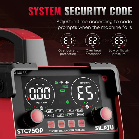 Plasma Cutter STC750P 75 Amp HF Non Touch Pilot Arc Dual Voltage 110 220V With LED Display showing security codes