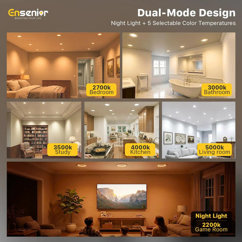Dual Mode Five Six Inch LED Can Lights With Night Light 24 Pack 5CCT Dimmable Retrofit Recessed Lighting in various room settings