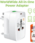 Worldwide Universal Travel Power Adapter For 150 Countries With US UK EU AU CN NZ Outlets One Piece Travel Adapter Durable Safe Certified All In One Charger For Laptops Phones And More Compact Travel Essential, white plastic