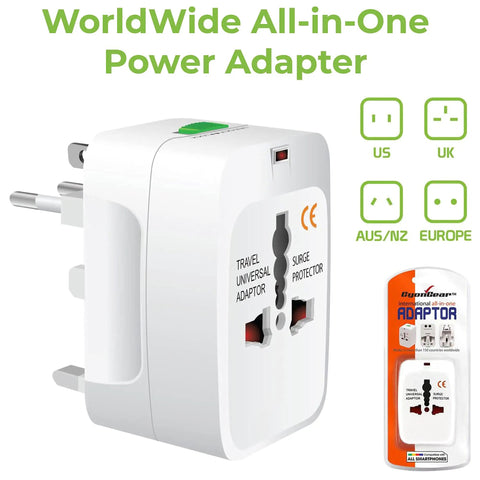 Worldwide Universal Travel Power Adapter For 150 Countries With US UK EU AU CN NZ Outlets One Piece Travel Adapter Durable Safe Certified All In One Charger For Laptops Phones And More Compact Travel Essential, white plastic