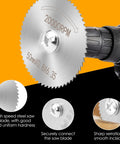 Close-up of HSS circular saw blade attached to a power tool, part of 115Pcs Cutting Discs Set For Rotary Tool Accessories.