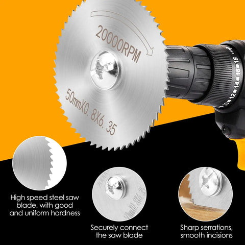 Close-up of HSS circular saw blade attached to a power tool, part of 115Pcs Cutting Discs Set For Rotary Tool Accessories.