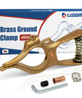 T Style 400A Heavy Duty Brass Welding Ground Clamp with accessories and packaging