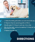 NOVEHA Pet Drops Wash packaging; blue directions panel with usage steps, vet examining a dog in clinic