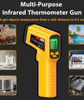Multi-purpose infrared thermometer gun with digital display, showcasing industrial and kitchen use applications.