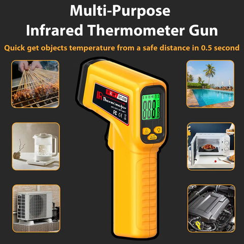 Multi-purpose infrared thermometer gun with digital display, showcasing industrial and kitchen use applications.