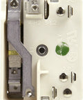 Close-up of Infinite Switch Replacement Part 3148953 for Whirlpool Range Oven, showcasing terminals and metal connector.
