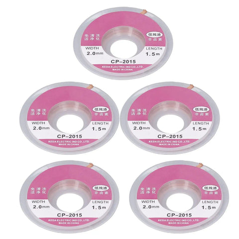 5-Piece Tin Solder Wick Set With Flat Braid For Fast Absorption Desoldering Wicks in pink packaging, 2.0mm width, 1.5m length