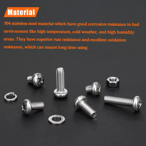 Kickass 304 Stainless Steel Metric Screw Kit With Phillips Pan Head Bolts M5 X 6mm 8mm 10mm 12mm 16mm 20mm Matching Hex Nuts And Lock Washers showing various bolts and nuts.