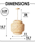 Boho Rattan Pendant Light With Natural Bamboo Lantern Shade Rustic Wicker Chandelier dimensions and weight display