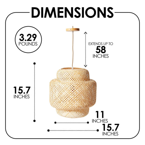 Boho Rattan Pendant Light With Natural Bamboo Lantern Shade Rustic Wicker Chandelier dimensions and weight display
