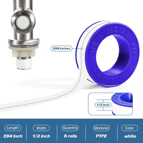 Premium PTFE Plumbers Tape 6 Roll Pack Teflon Thread Seal Tape High Density Sealant For Shower Heads And Water Pipes Must Have Leak Proof Half Inch By 394 Inch Each Roll, shown installed on pipe.