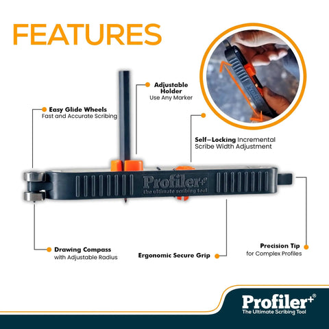 Smooth Self Locking Contour Scribe Tool No Sweat Precision Marking Gauge For Woodworking showing features like adjustable holder and glide wheels.