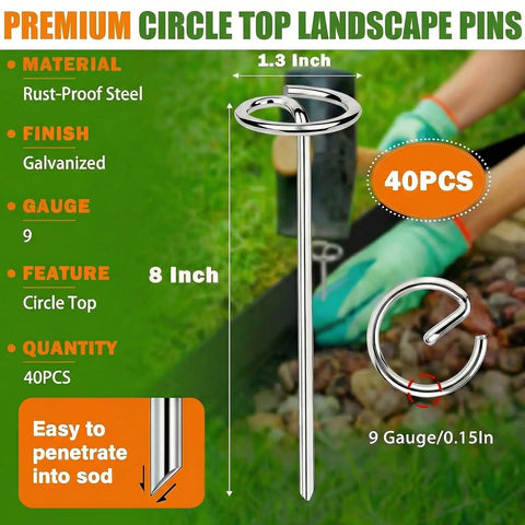 Close-up of 39Ft Flexible Landscape Edging Kit With 40 Heavy Duty 8 Inch Stakes showcasing circle top design and rust-proof steel.