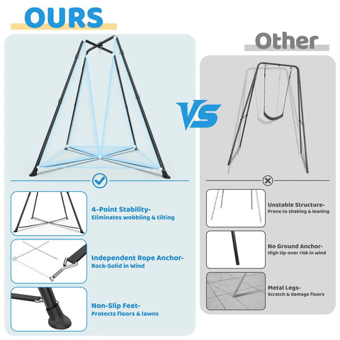 Comparison of Heavy Duty Indoor Outdoor Swing Frame With Sensory Pod Swing And Hammock Chair Stand showing stability features.