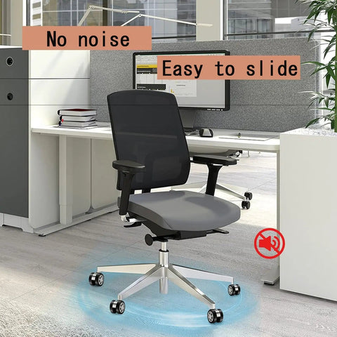 Five Pack Heavy Duty Office Chair Wheel Replacement Silent Swivel Polyurethane Casters in an office setting rolling silently on a wood floor.