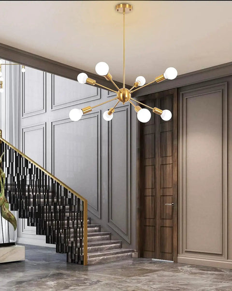 Gold Sputnik Chandelier 8 Light Modern Ceiling Fixture for Dining Room Living Room Kitchen Island with adjustable rods
