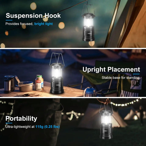 Portable LED Camping Lantern 2-Pack with battery operated lights in use outdoors, showing suspension hook and upright placement.