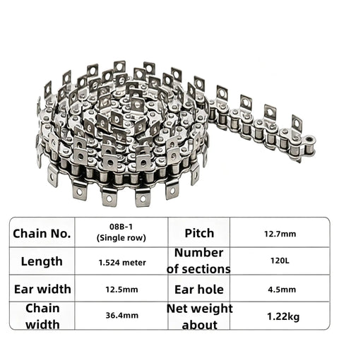 Heavy Duty 08B-1 Roller Chain Made From Top Tier 304 Stainless Steel, 1.524m length with double bent ears for smooth transmission.
