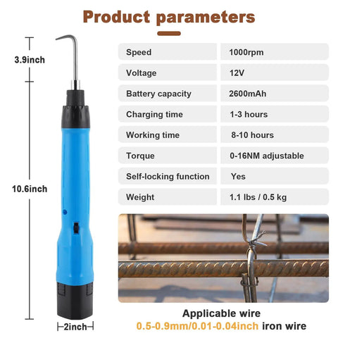Electric Rebar Tying Machine Mini Rebar Tier Gun With 2600 mAh Battery Adjustable Torque and Specs Diagram