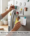 Person placing holographic glitter badge on a fridge with 200 Pcs Button Maker Protective Film For 2.76 Inch Badges visible.