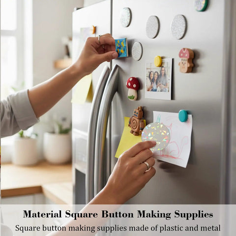Person placing holographic glitter badge on a fridge with 200 Pcs Button Maker Protective Film For 2.76 Inch Badges visible.