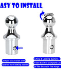 Metal hitch ball accessory with quarter turn locking system for easy installation, showing front and side views.