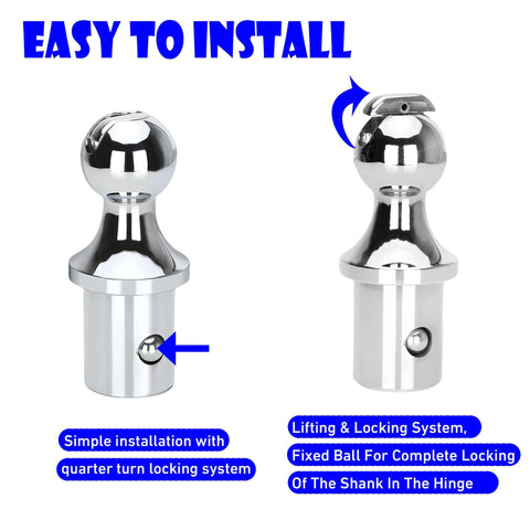 Metal hitch ball accessory with quarter turn locking system for easy installation, showing front and side views.
