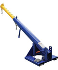 Heavy Duty Telescoping Forklift Boom Attachment With 6000 Lbs Load Capacity And 24 Inch Forks, blue welded steel, adjustable angle.