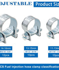 Automotive hose clamp assortment kit, 32 pcs, chrome metal, sizes 11–13 mm, 13–15 mm, 14–16 mm.