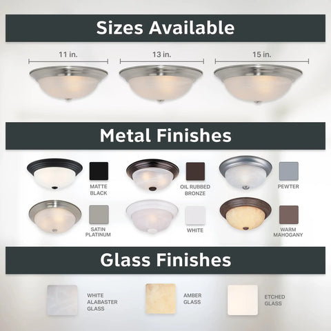 Reedley Two-Light Flush Mount Ceiling Light 13-Inch Fixture With White Alabaster Glass And Satin Platinum Finish options display.