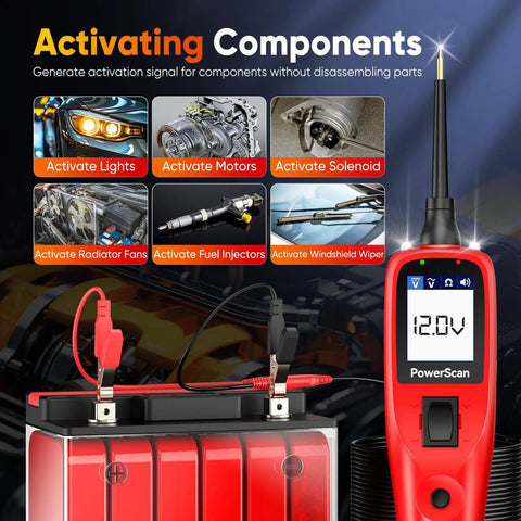 PowerScan PS100 Power Circuit Probe Kit For All 12V And 24V Cars, Pro Grade Automotive Diagnostic Tool With Real Time Readouts, Easy Wiring Tester, Durable, Reliable Car Electrical Troubleshooter, red probe displaying 12.0V