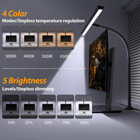 Ultra Wide LED Desk Lamp With Clamp For Your Home Office Eye Care, 31.5 Inch Long Lighting Bar, showing color modes and brightness levels