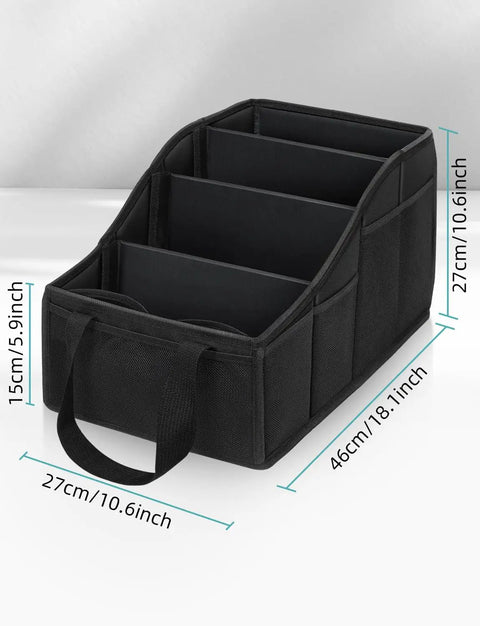 Black backseat car organizer with four compartments and seven mesh pockets, dimensions 18.1x10.6x10.6 inches, kid-friendly design.