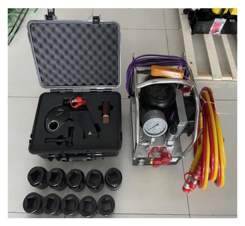 Workhorse Hydraulic Torque Wrench Kicks Out 10000 Nm Twist On 1 1/2 Inch Square Drive Built From Heavy Duty Alloy Steel With Flex Hose For Tight Quarters with case and accessories.