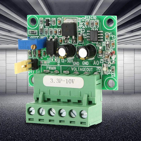 Plug And Play PWM To Analog Converter Module For PLCs, 3.3V to 0-10V output, displayed in industrial setting