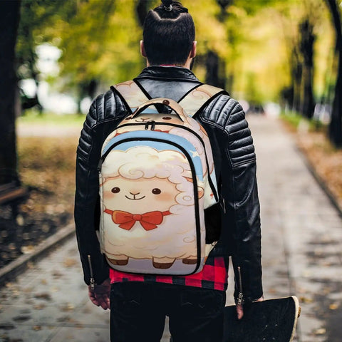 Person wearing Star Spangled Lamb Print Unisex Backpack With Large Capacity Roomy Daypack for School and Travel outdoors