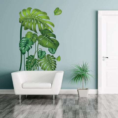 Lush Green Tropical Jungle Leaves Wall Decals Set Four Large Sheets Peel And Stick Removable Monstera And Palm Tree Murals for Living Room