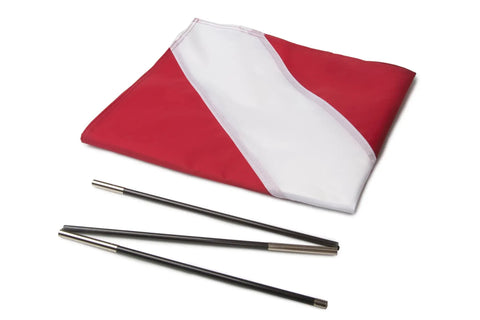 Dive Flag With Removable Stiffening Pole 20x24 Inches For Scuba, Spearfishing, And Freediving, shown with disassembled pole sections